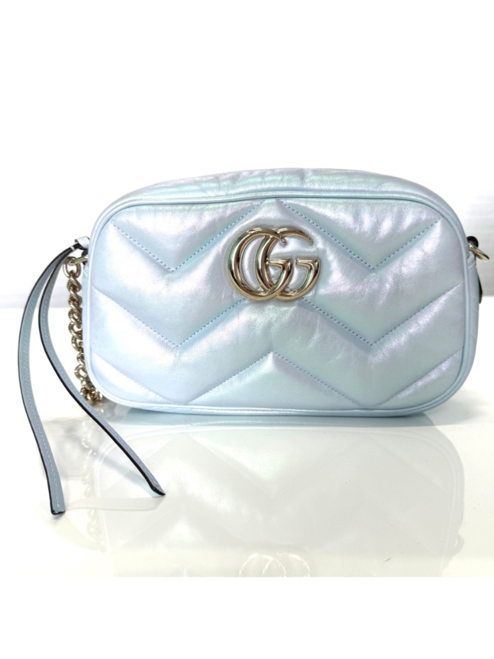 New with tags. Hard to find! Gucci Marmont Iridescent Blue GG shoulder bag